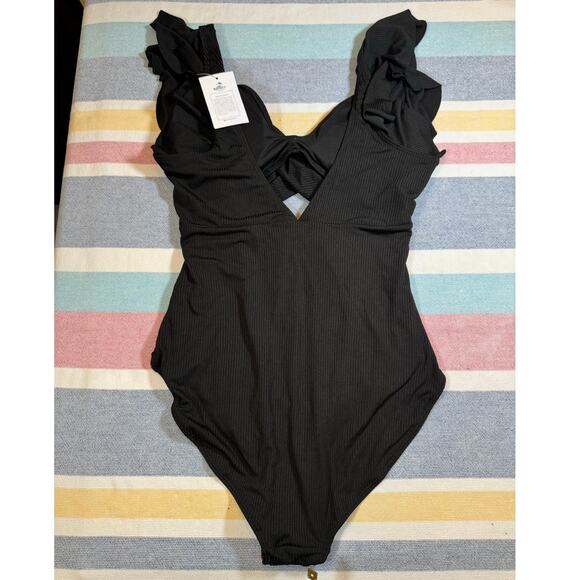 NWT B2Prity Black Ribbed Ruffle One-Piece Swimsuit – Size XL - Picture 2 of 8